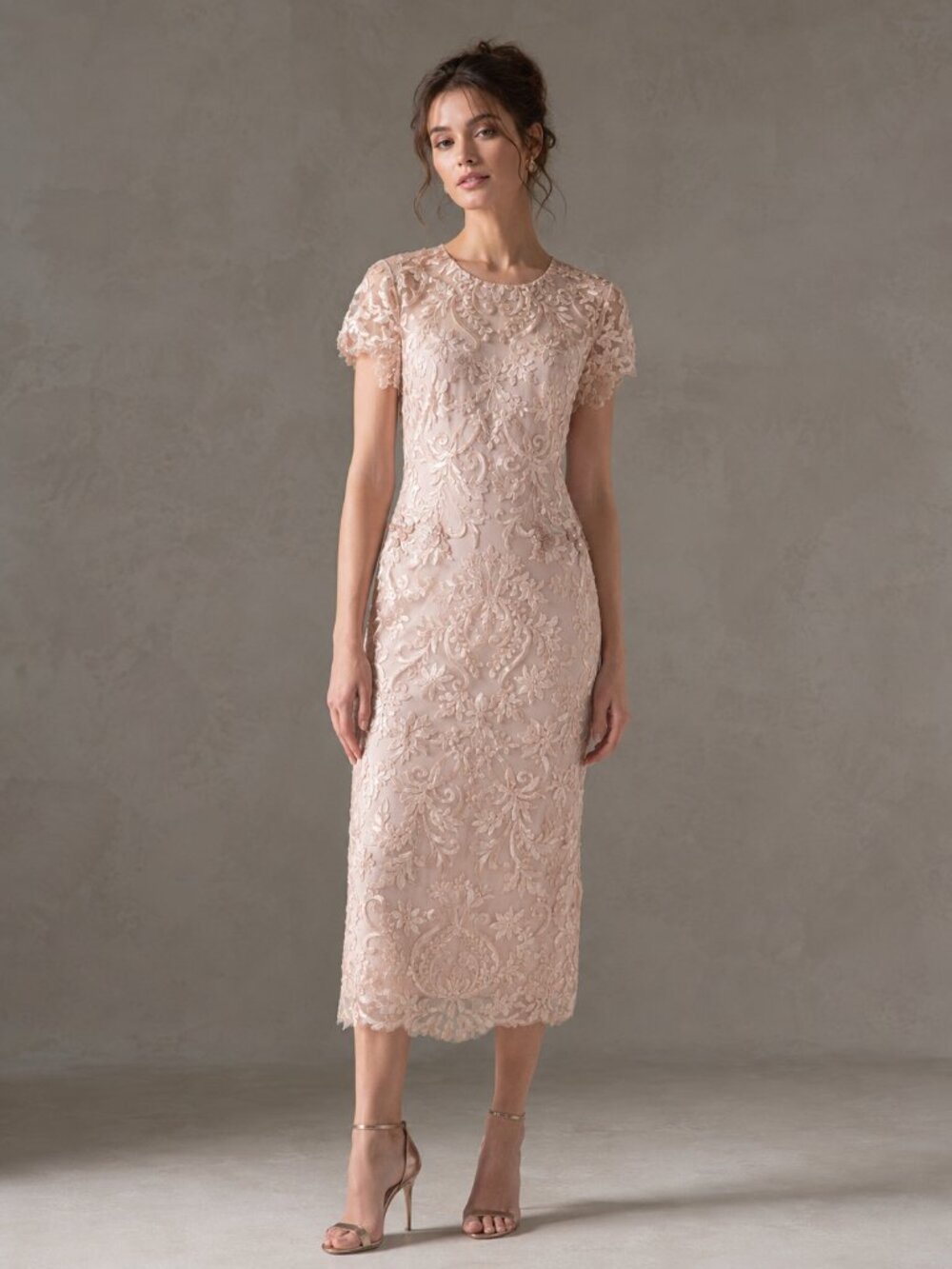 MARCHESA NOTTE Blush Pink Embroidered Lace Floral Midi Cocktail Evening Gown